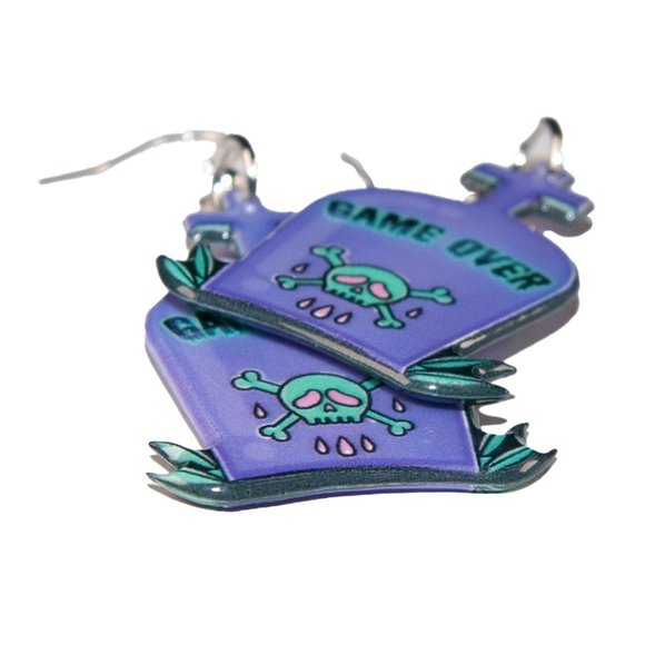 3/$25 Game‎ Over Tombstone Goth Resin Earrings Hypoallergenic Nickel Free 925 - Picture 3 of 3